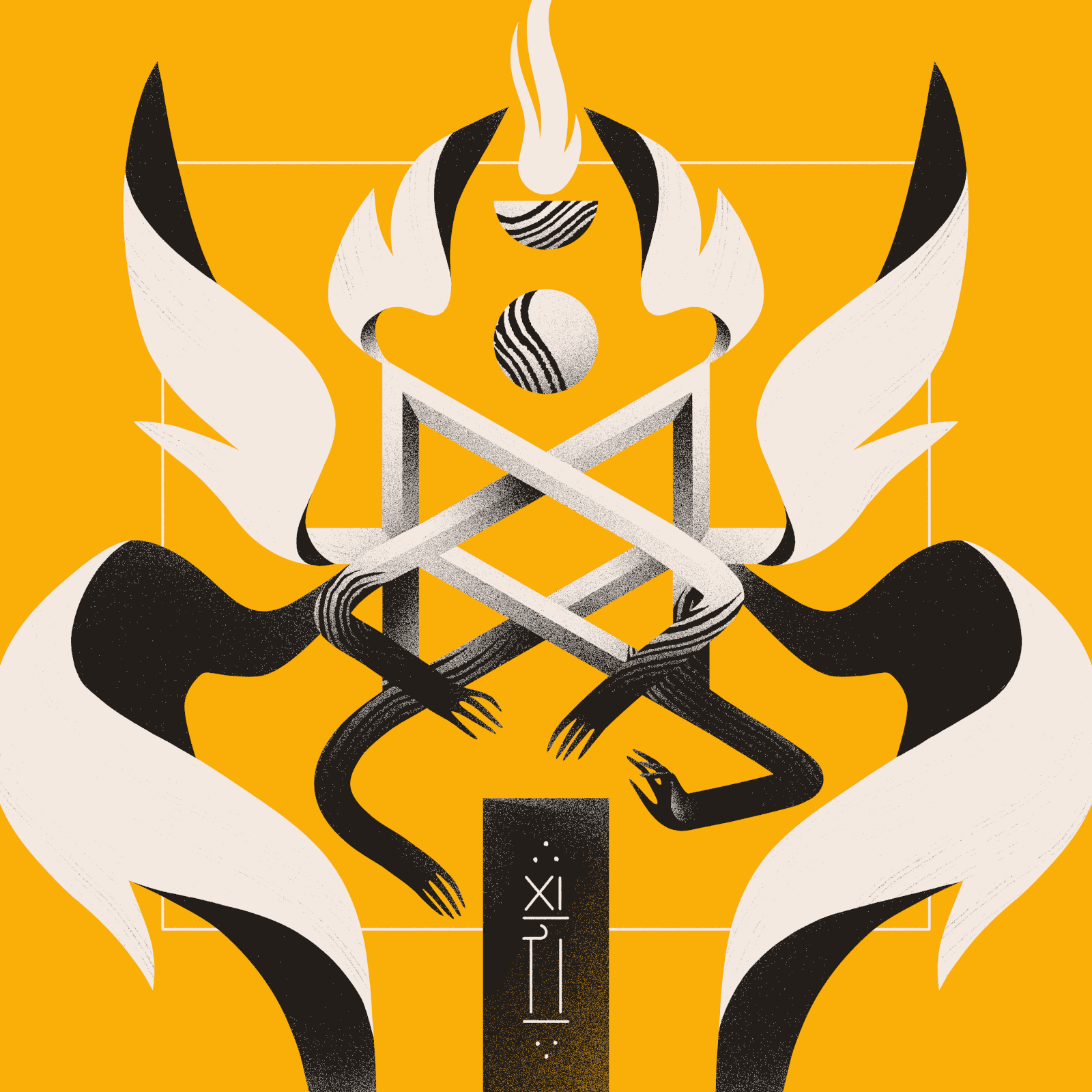 An
  eldritch horror in the shape of an angel with several hands form the logo of Bad
  Diode. The entity hovers over a totem. Art by Helvetica Blanc.