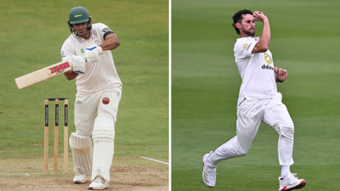 Rishi Patel in action for Leicestershire (left) and Fynn Hudson-Prentice playing for Sussex (right)