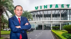Ảnh thiết kế: Chân dung ông Phạm Nhật Vượng, đằng sau là một showroom VinFast