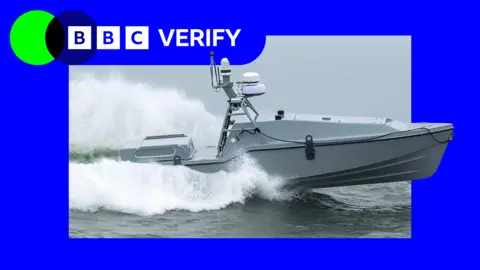 An image of the 'Corsair' sea drone at sea with BBC Verify branding.
