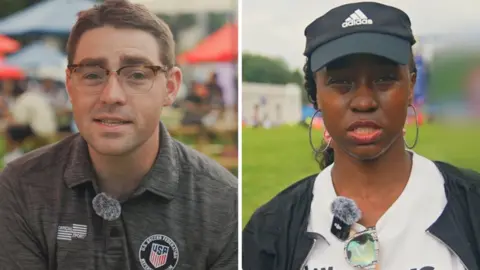 On the left, a man in grey shirt. On the right, a woman in a dark green hat and a black jacket.